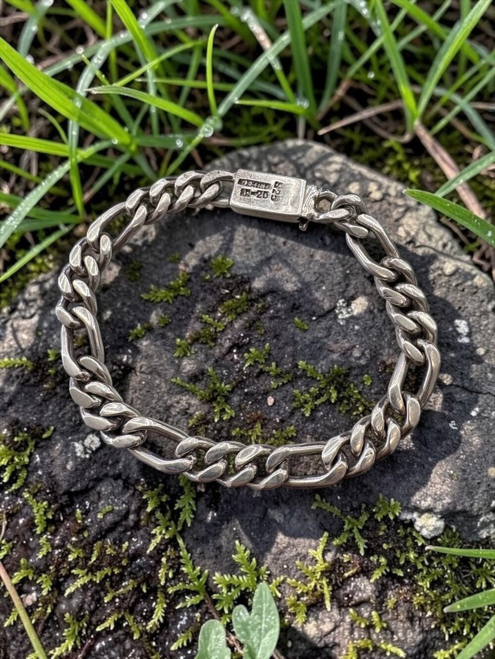 Vintage Sterling Silver Figaro Link Bracelet Rectangular Box Clasp Stamped Hallm